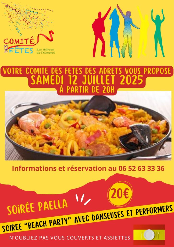 12/07/25 –  Soirée dansante Paëlla (DJ Beach Party avec danseuses et performers)